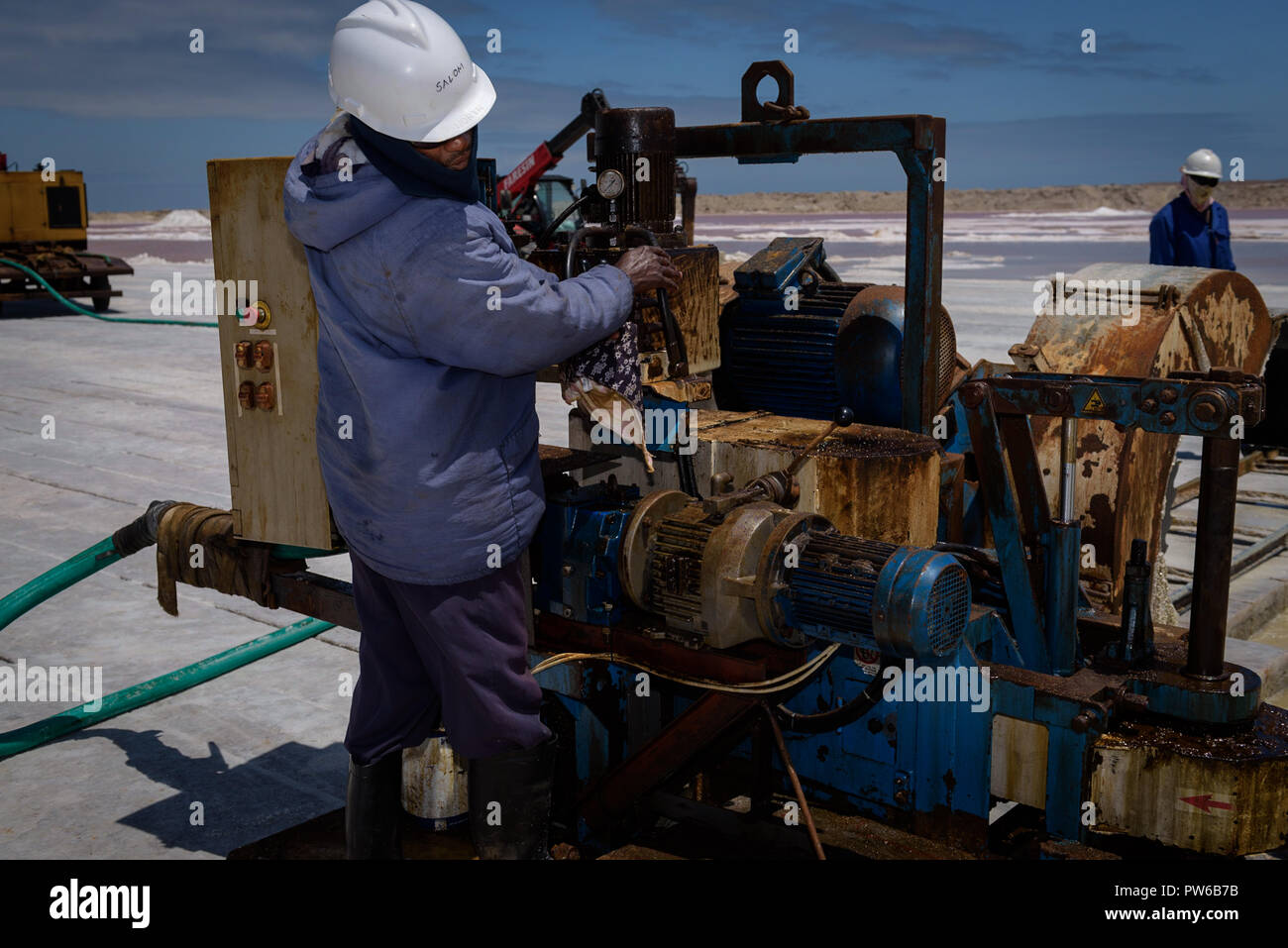 Blocs de sel coupe un travailleur dans une mine de sel Skeleton Coast, près de Cape Cross en Namibie. Il est exporté pour utilisation comme aliments du sel lèche Banque D'Images