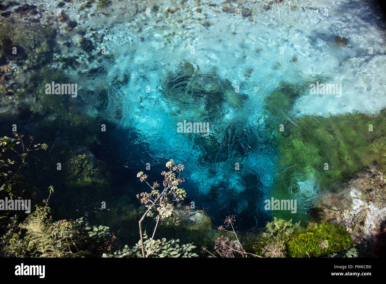 L'Œil bleu printemps naturel de l'eau, dans une région où les sept puits artésiens (sources naturelles). L'eau des yeux Bleu descend à des profondeurs de plus de 50 metr Banque D'Images