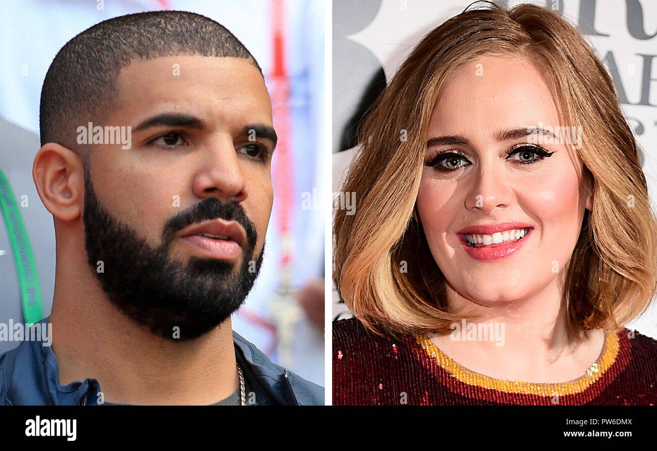 Fichier non datées photos de Drake et Adele. Le chanteur-compositeur britannique avait assisté au spectacle du rappeur de Los Angeles, sans le savoir, lui et elle twitté sa louange par la suite. Banque D'Images