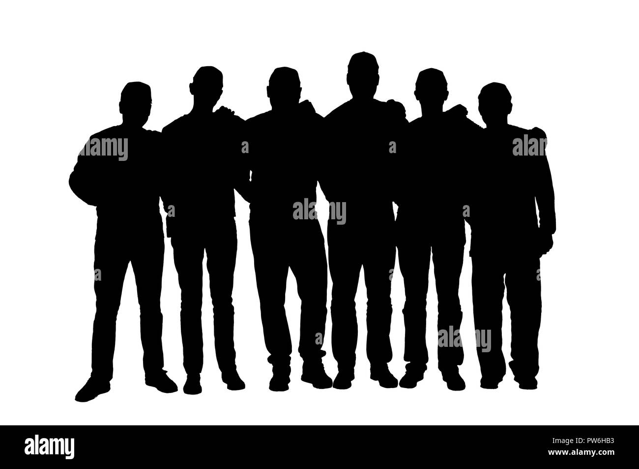 Silhouette de six hommes en uniforme méconnaissables isolé sur fond blanc Banque D'Images