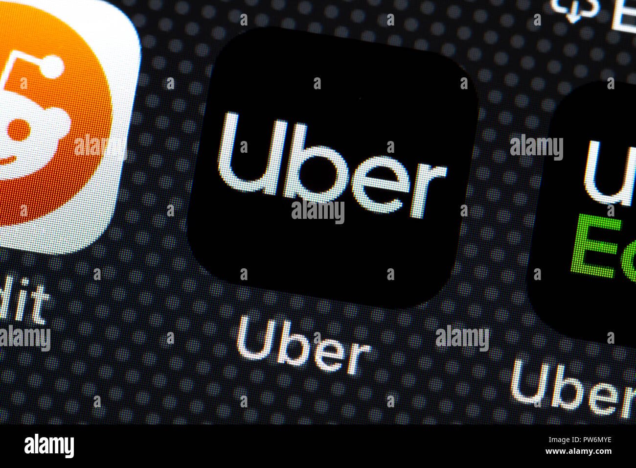 Icône de l'application Uber sur iPhone (Close up, macro) - USA Banque D'Images