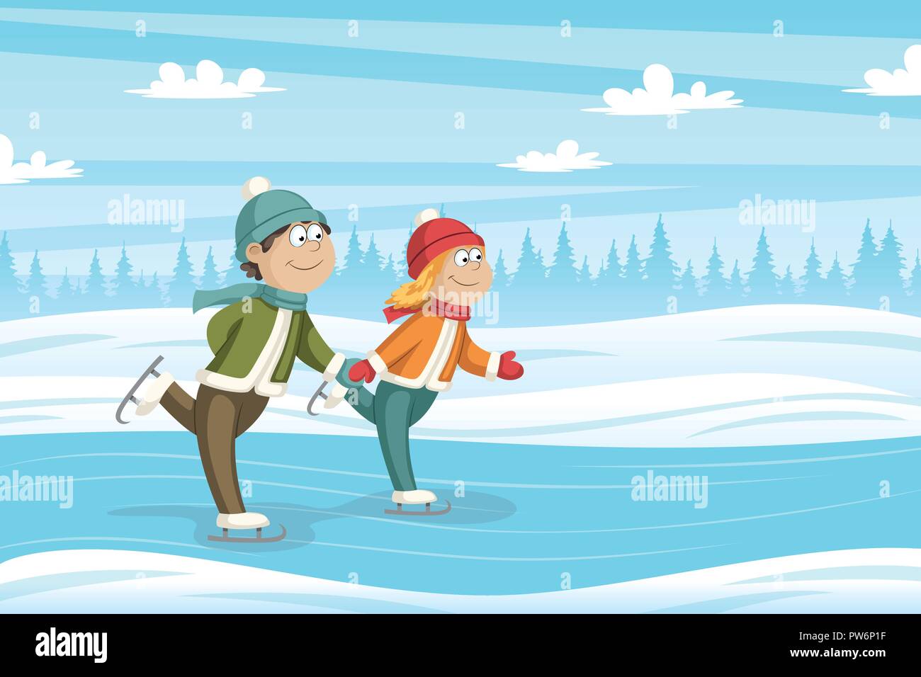 Deux enfants patiner sur la glace, vector illustration Illustration de Vecteur