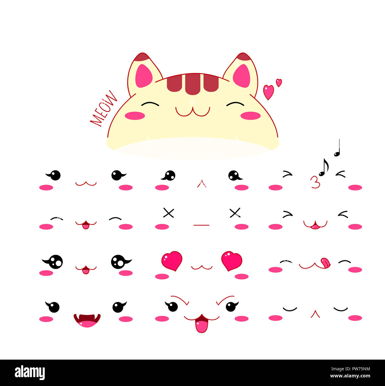 Cute funny cats définir diverses émotions. Style Kawaii émoticone avec joues roses et des clins d'yeux. Spe8 Banque D'Images
