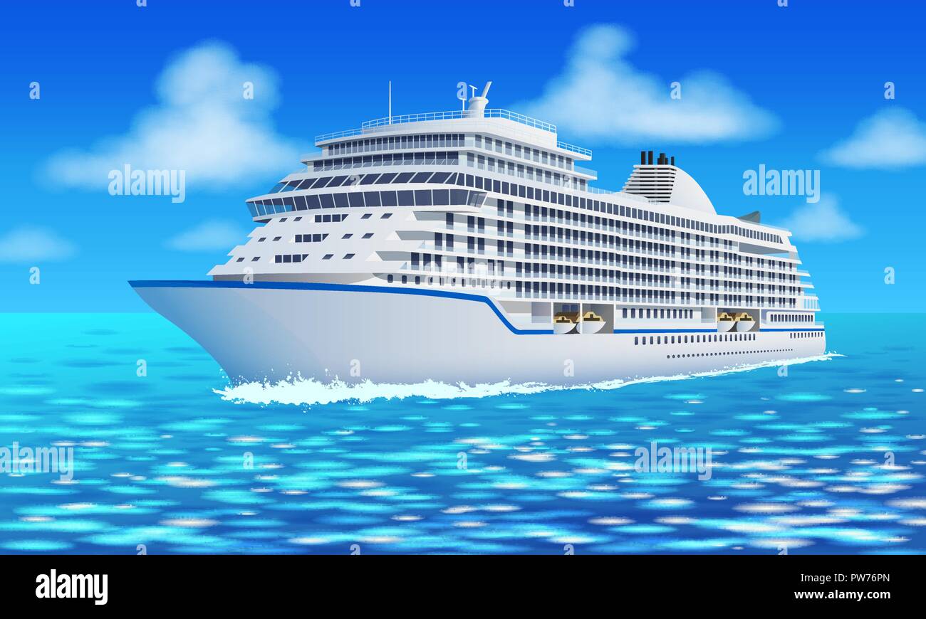 Grand bateau de croisière, l'océan, le ciel bleu dans le style. Illustration de Vecteur