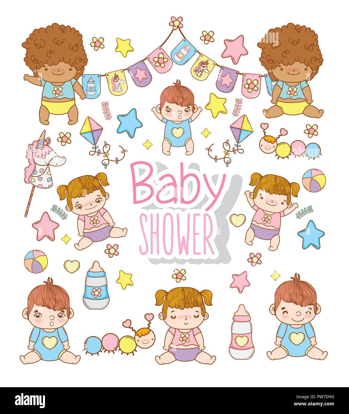Les enfants de douche de bébé avec des jouets décoration Illustration de Vecteur