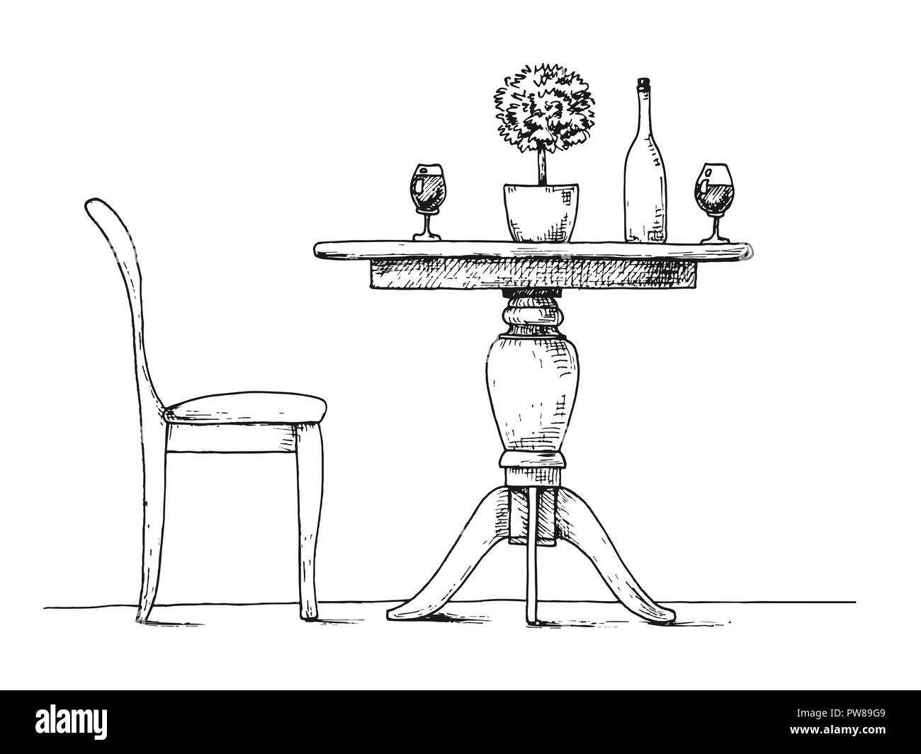 Une partie de la salle à manger. Table ronde et chaises.Sur la table vase de fleurs. Croquis dessinés à la main.Vector illustration Illustration de Vecteur