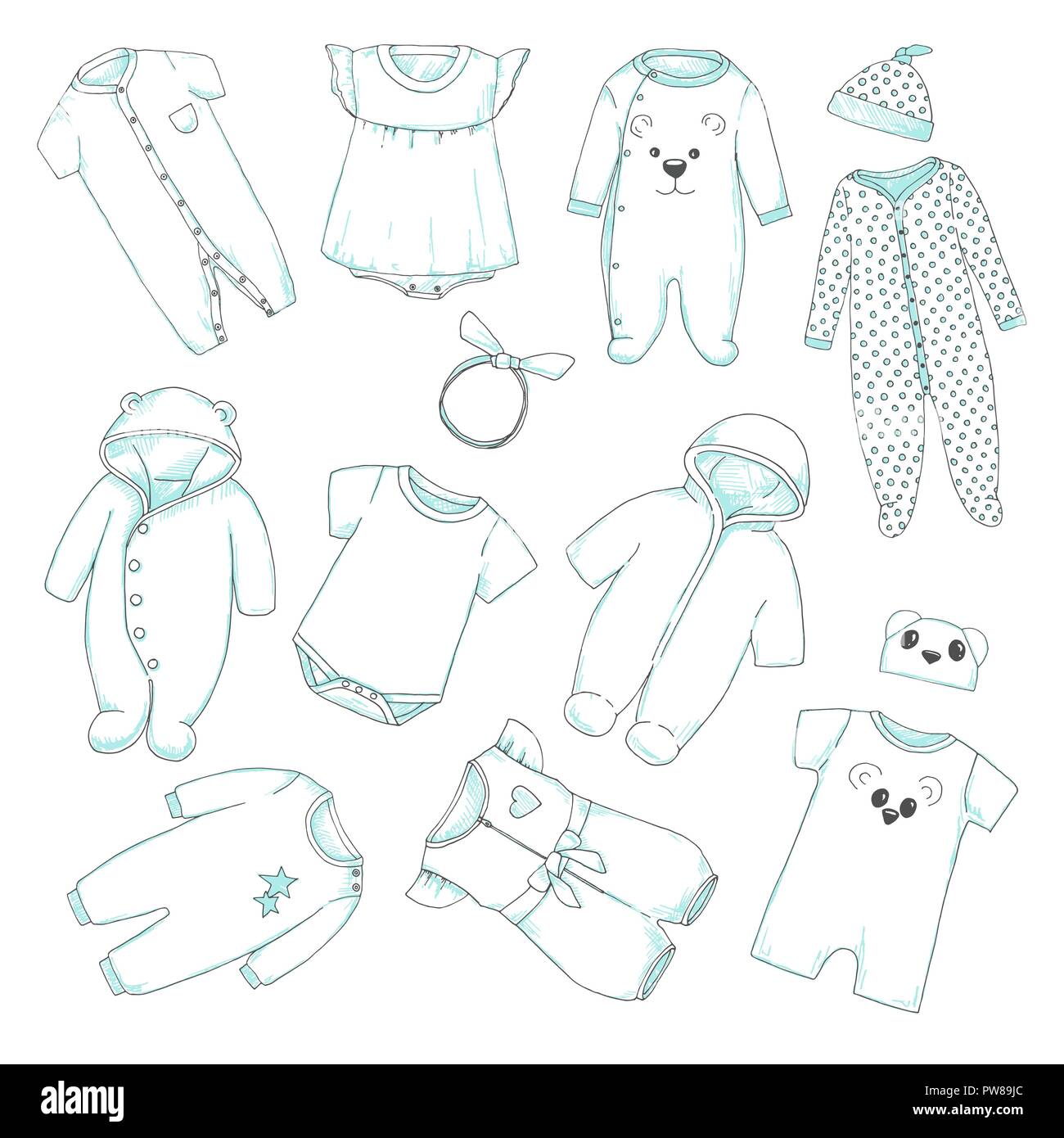 Ensemble de vêtements d'enfants. Peut être utilisé comme Vêtements pour poupées en papier. Vector illustration au croquis style. Illustration de Vecteur