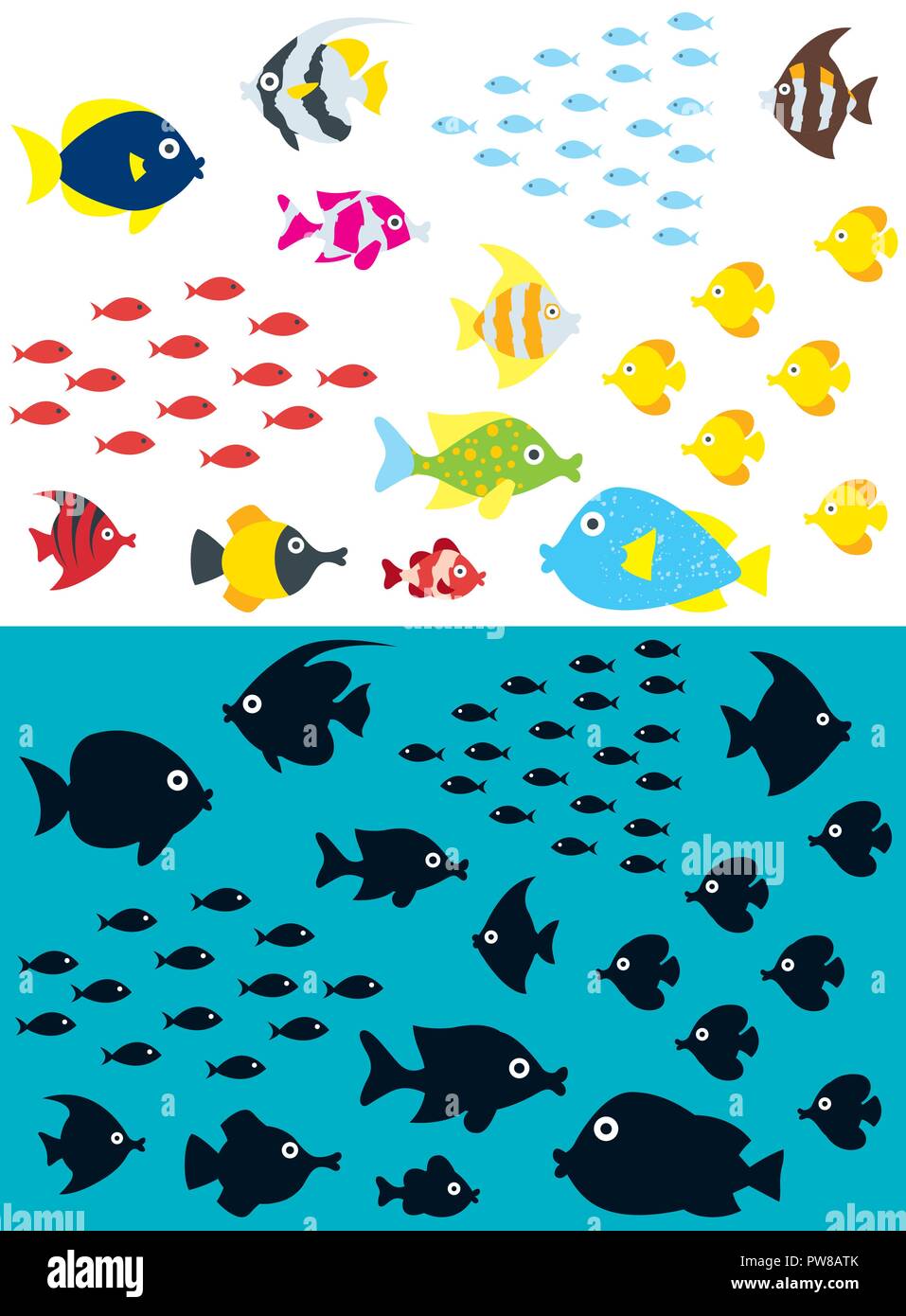Ensemble de poissons de dessin animé, y compris des silhouettes. Illustration de Vecteur