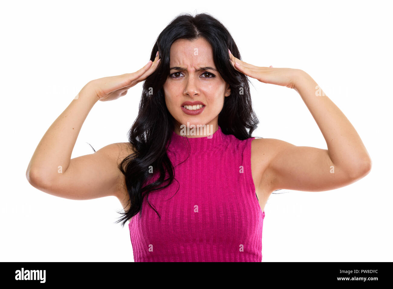 Portrait de jeune femme espagnole a souligné avoir des maux de tête Banque D'Images