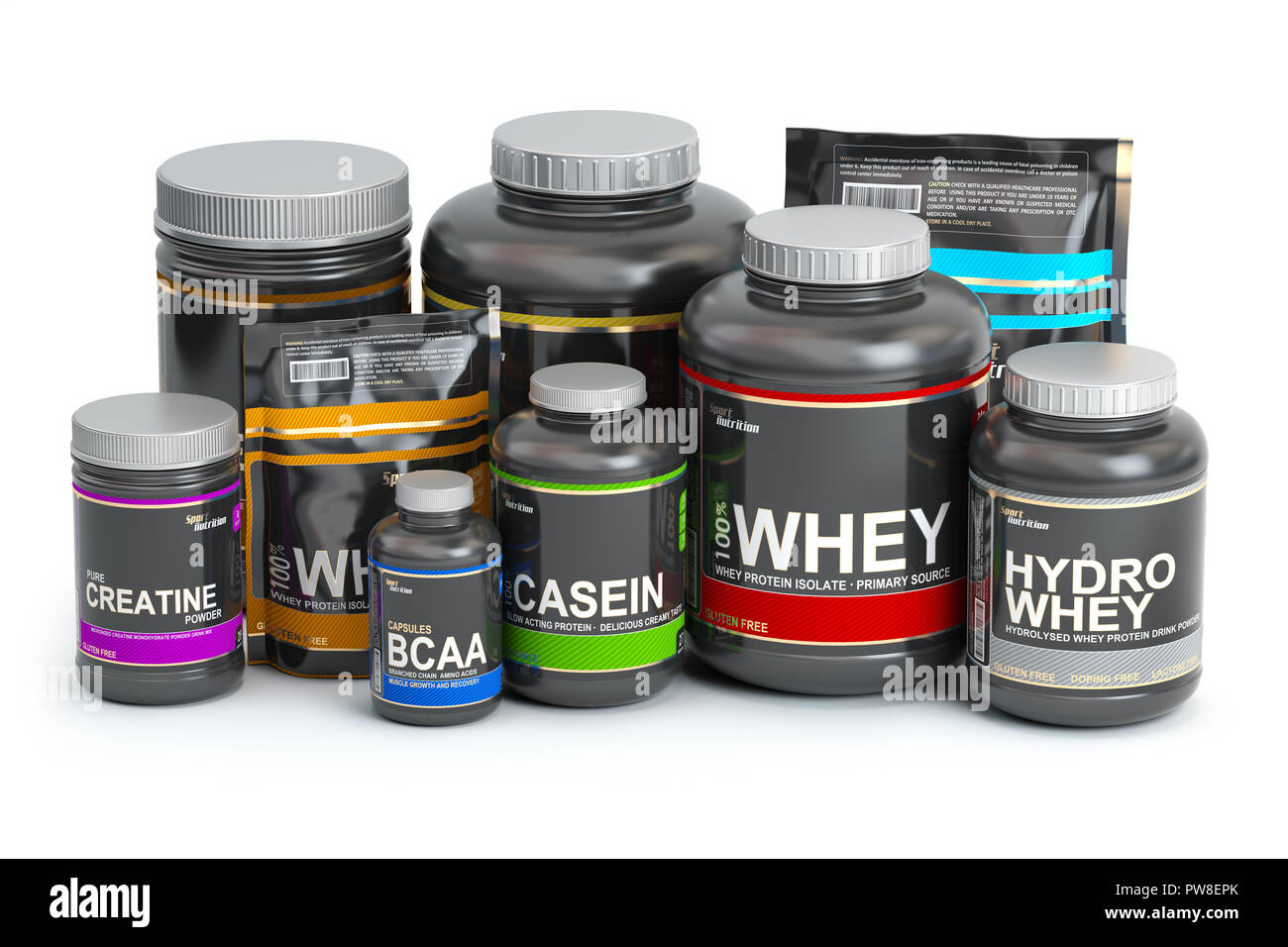 Sports nutrition (les suppléments) pour le bodybuilding. La protéine de  lactosérum caséine, BCAA, créatine isolé sur fond blanc. 3d illustration  Photo Stock - Alamy