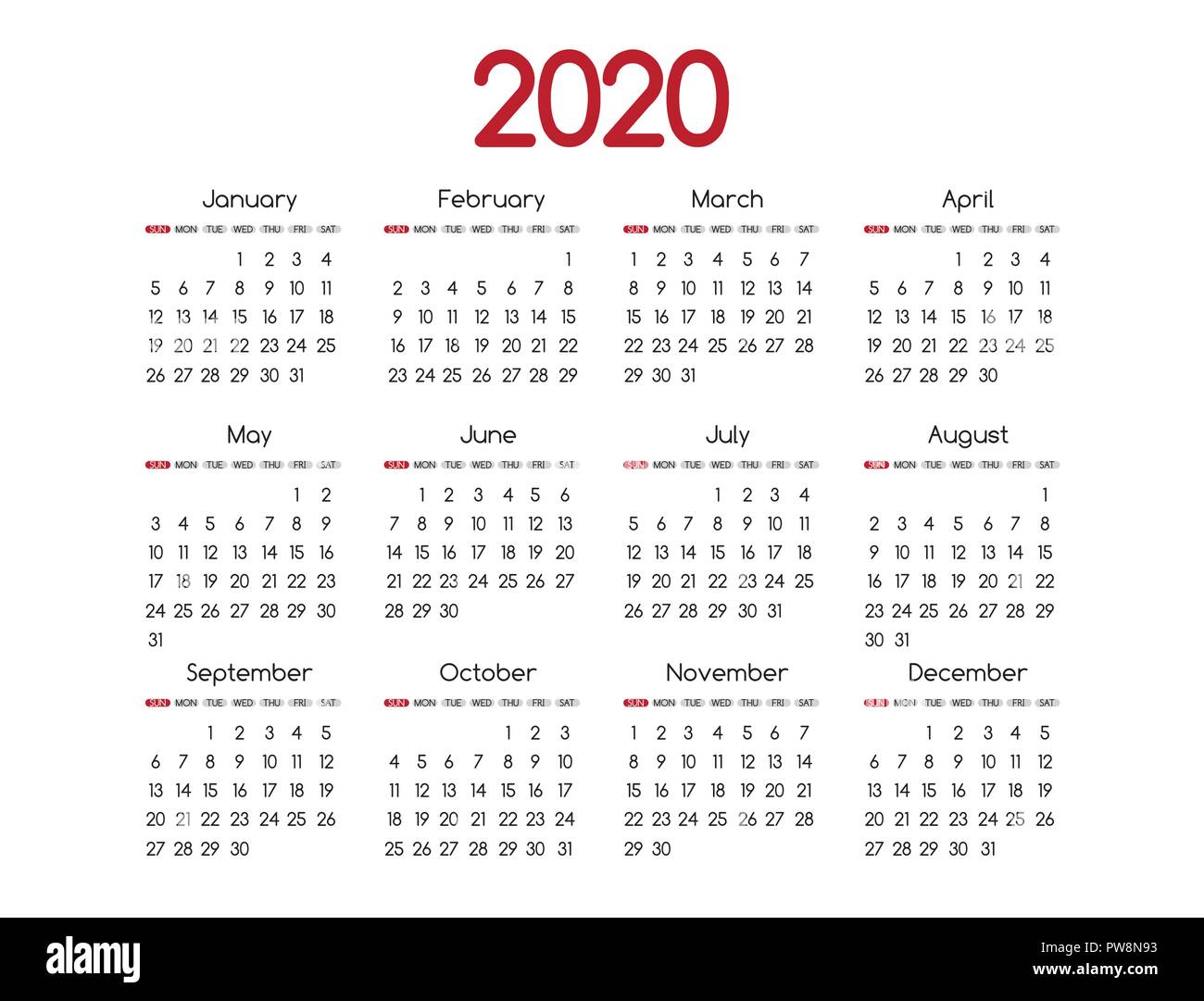 2019 Nouvelle année calendrier rouge vecteur conception simple moderne avec san serif,Holiday event planner,semaine commence le dimanche Illustration de Vecteur