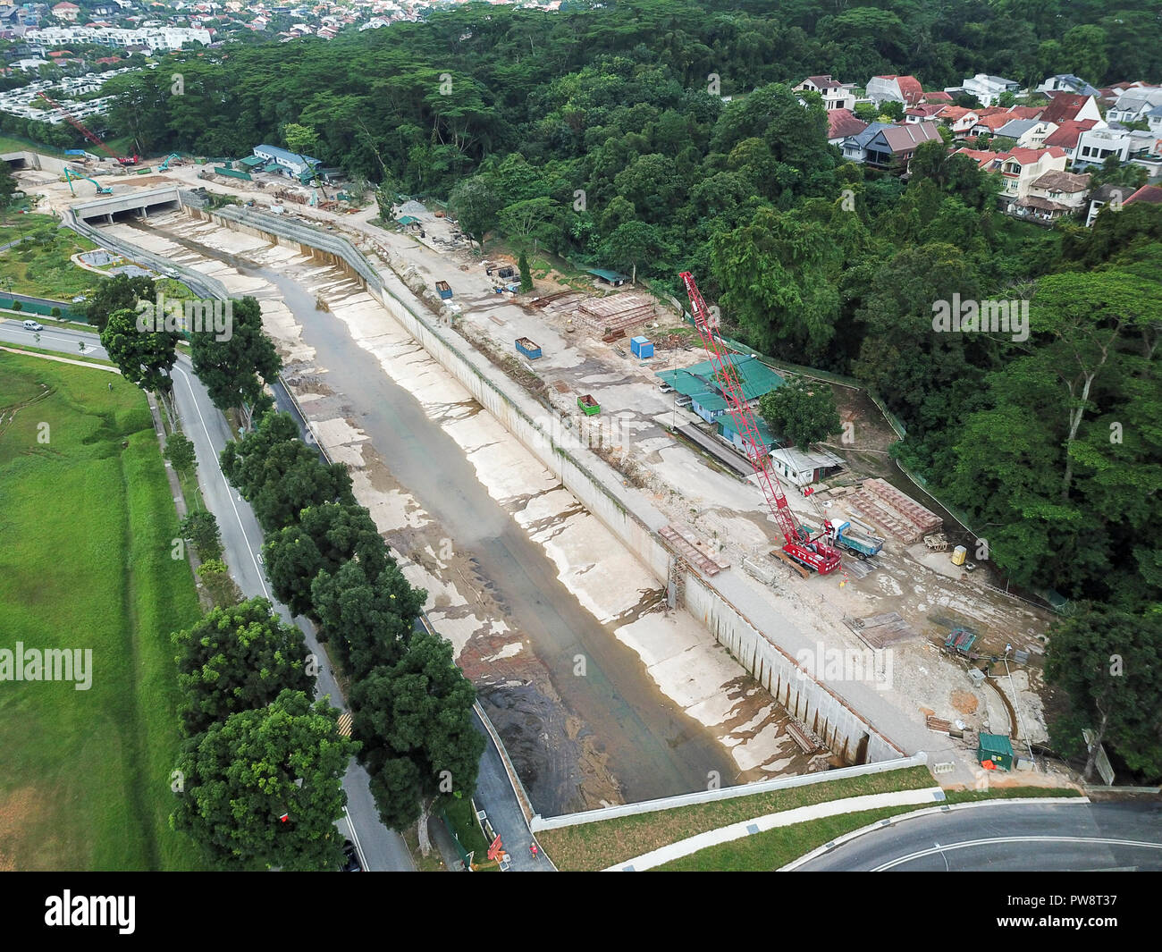 Antenne de drone de paysage d'un site de construction, avec la suite complète de matériel de construction à Old Holland, à Singapour. Banque D'Images