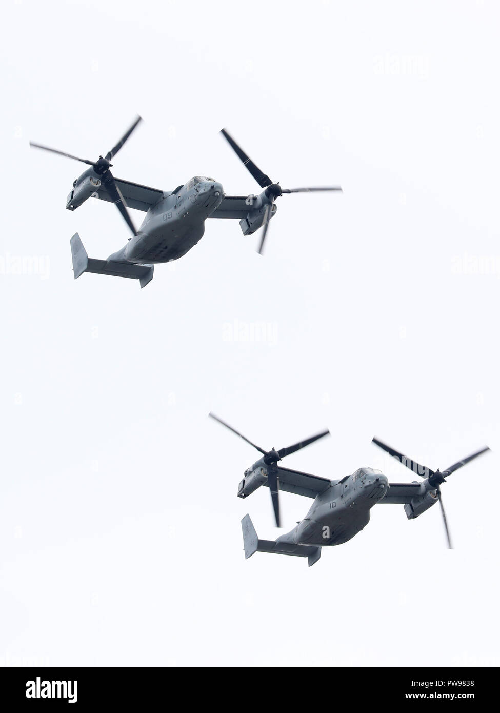 Asaka, Japon. 14Th Oct, 2018. La Marine américaine MV-22 Osprey inscrivez-vous auto-défense japonaises's military review à l'auto-défense au sol's Asaka terrain d'entraînement, banlieue de Tokyo le dimanche, Octobre 14, 2018. 4 000 260 militaires personels, véhicules militaires et 40 avions ont participé au défilé. Credit : Yoshio Tsunoda/AFLO/Alamy Live News Banque D'Images
