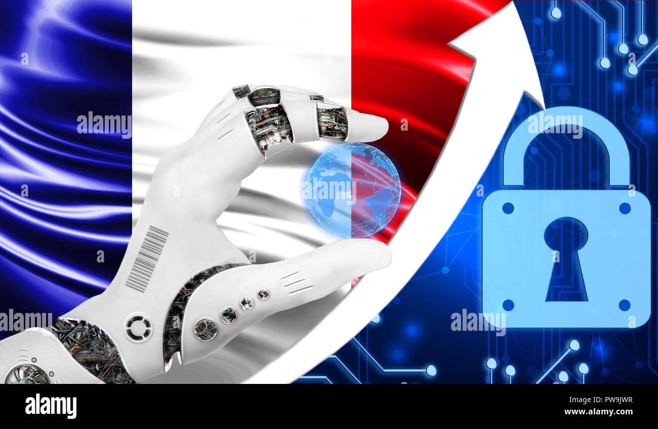 Drapeau de la France ainsi qu'un cryptogramme bleu et une flèche vers le haut avec une serrure. Ce concept présente un niveau accru de sécurité cybernétique de cryptocurrencies et Banque D'Images