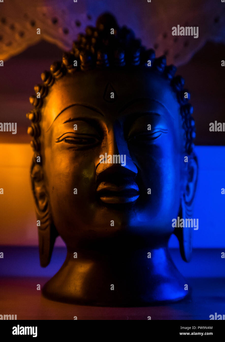 Bouddha sculpture buste noir éclairés en bleu et orange Banque D'Images