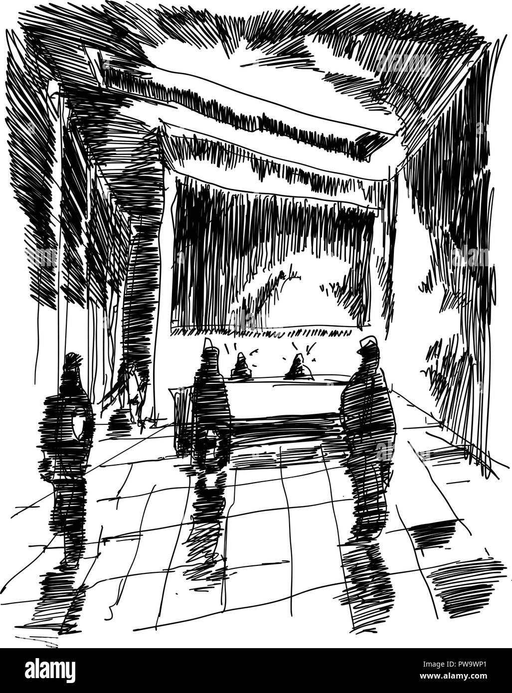 Croquis dessinés à la main, de l'intérieur moderne abstrait de hall d'entrée avec un comptoir de réception et les gens se tenant autour de Illustration de Vecteur