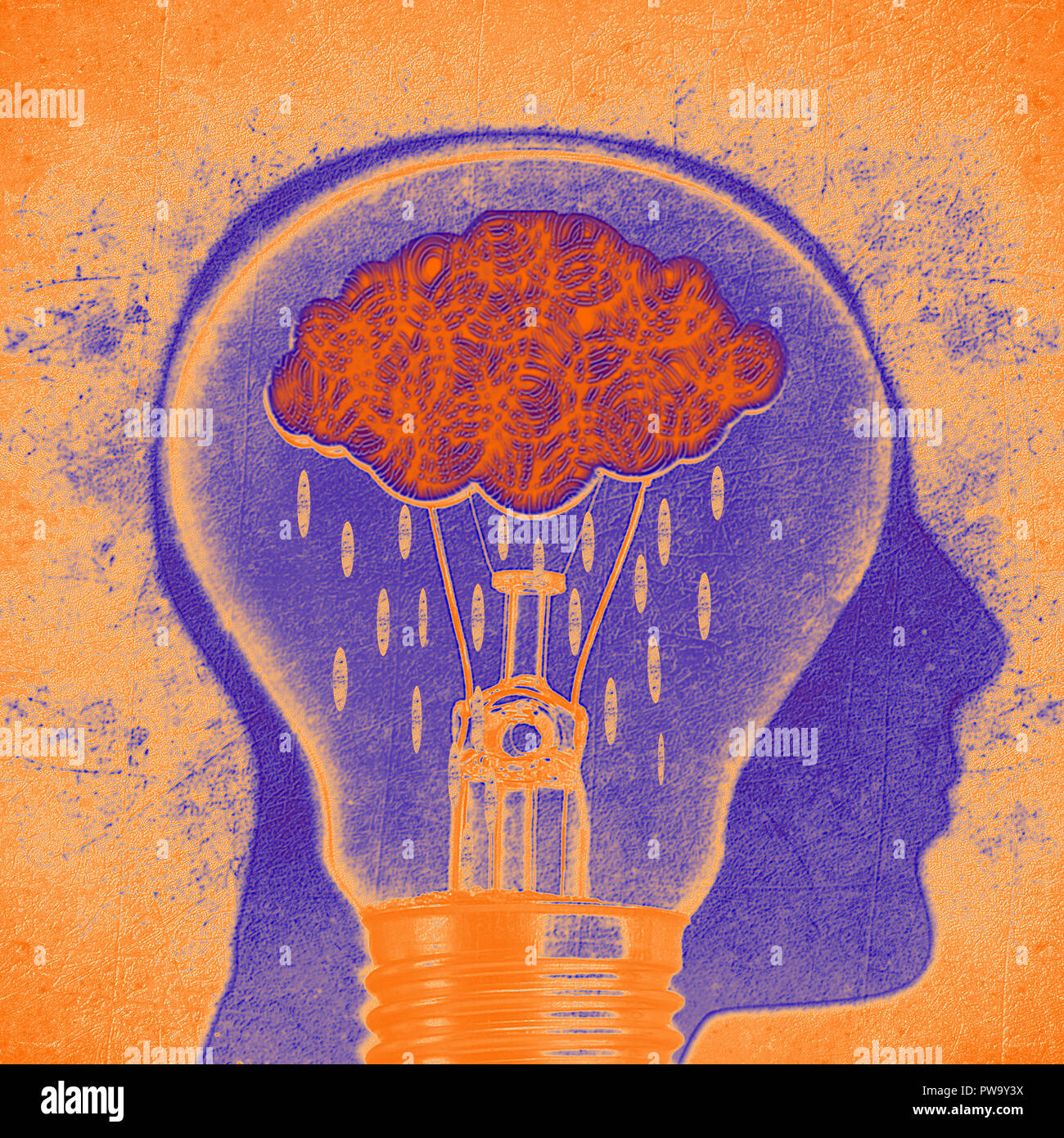 Tête humaine d'ossature avec pluie et nuage lightbulb digital illustration conceptuelle Banque D'Images