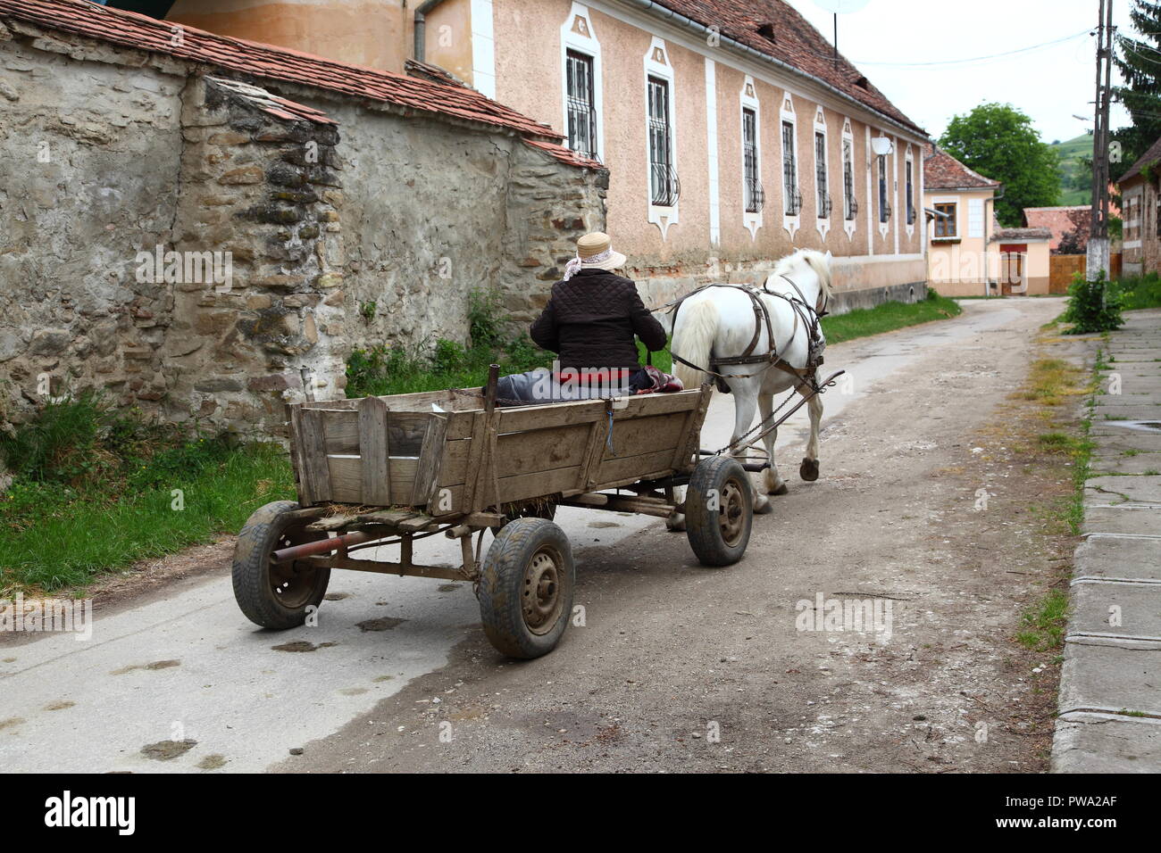 Dame à cheval et panier dans village Saxon de Biertan, Transylvanie,  Roumanie Photo Stock - Alamy