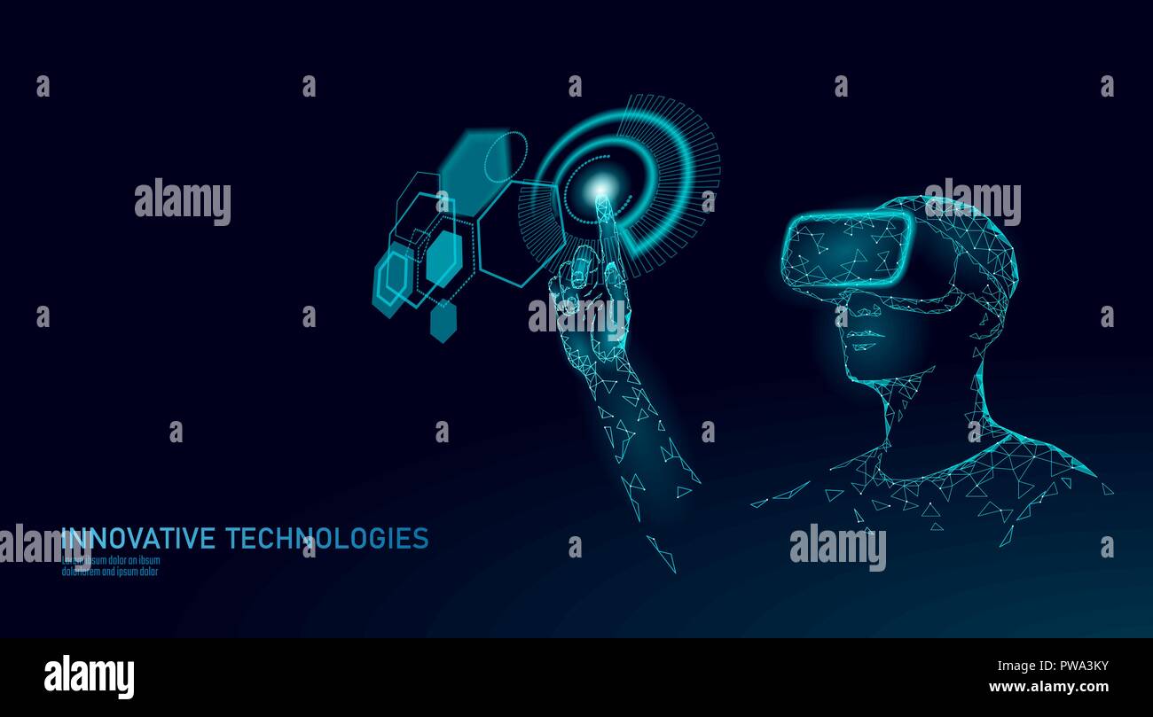 Casque de réalité augmentée virtuel poly faible. L'innovation média concept polygonales. Affichage de l'utilisateur à l'HUD contrôle digital science panel. L'analyse des données de l'ordinateur travail homme vector illustration Illustration de Vecteur