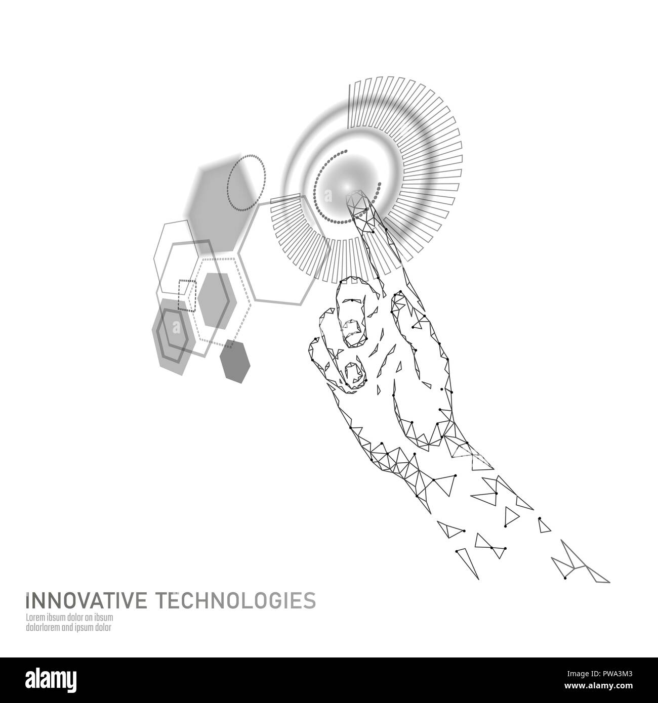 Poly faible main touche HUD virtuel. Le contrôle des doigts de l'utilisateur afficher hologramme. Perspectives d'innovation de la technologie moderne de bord polygonal design futuriste fond blanc foncé modèle vector illustration Illustration de Vecteur