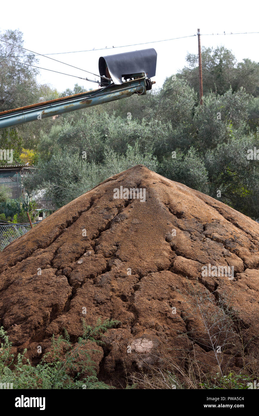 Déchets d'olive tas sur l'île de Paxos, Grèce Banque D'Images