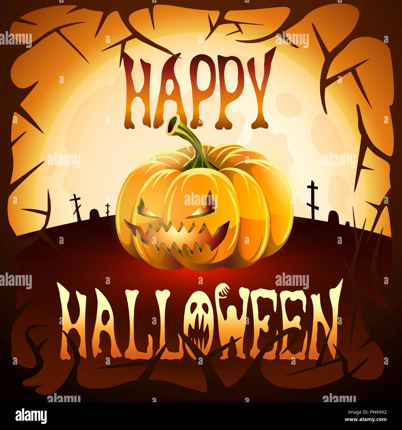 Happy Halloween. Citrouilles d'Halloween avec des yeux lumineux et la bouche sur le fond de la lune rougeoyante et cimetière Illustration de Vecteur