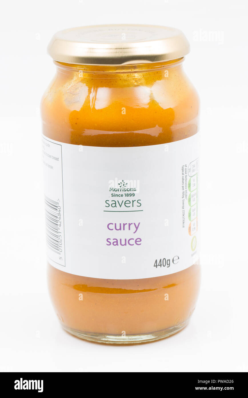 Pot de sauce curry épargnants Morrisons. Dorset England UK GO Banque D'Images
