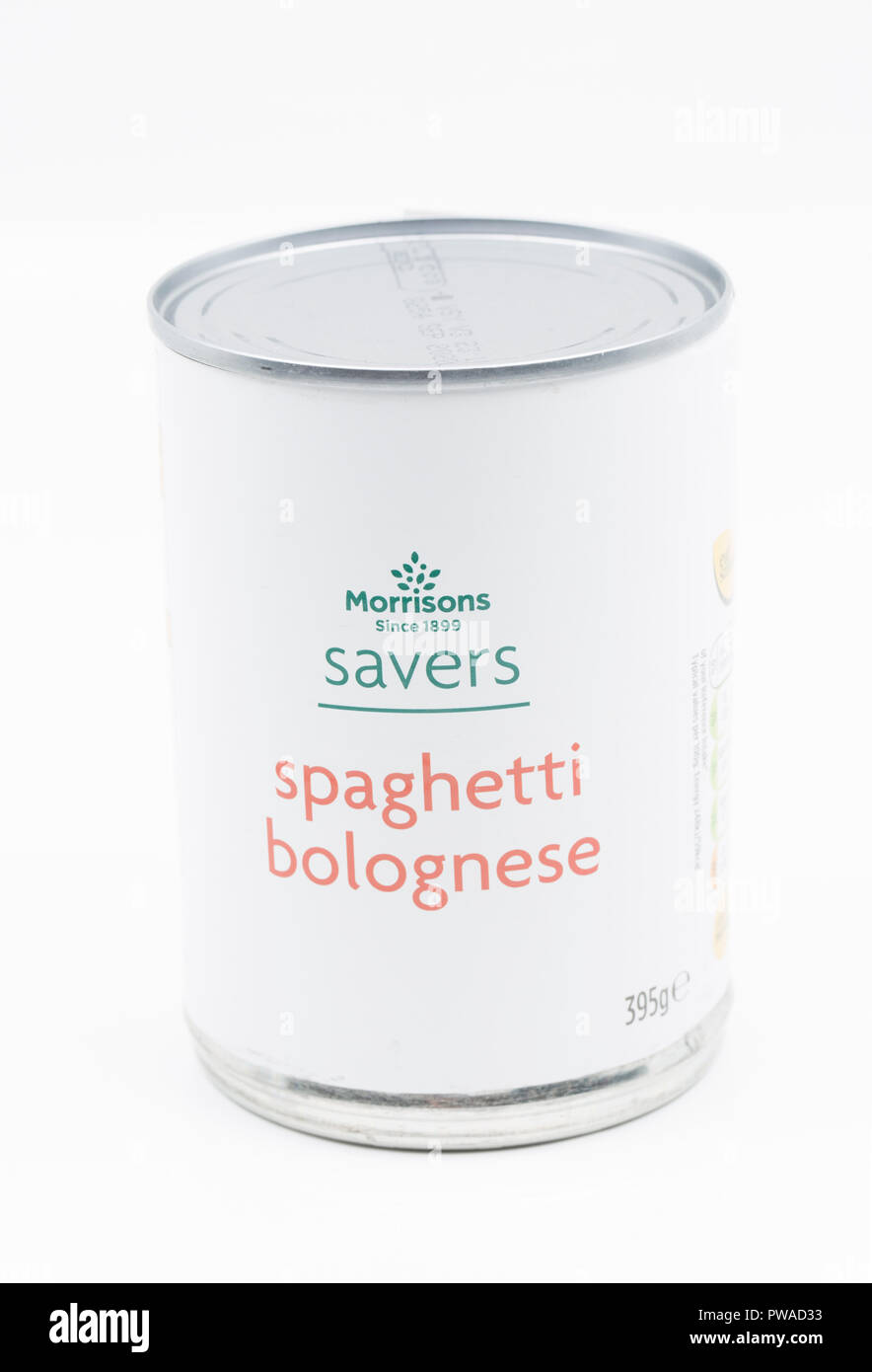 Tin de Morrisons Savers spaghetti bolognese. Dorset England UK GO Banque D'Images