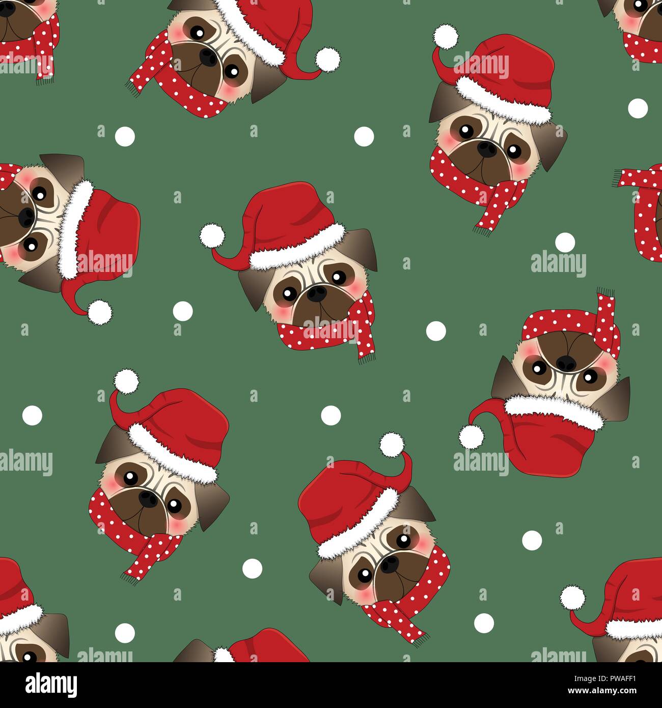 Santa Claus Pug Dog avec écharpe rouge sur fond vert. Vector Illustration. Illustration de Vecteur