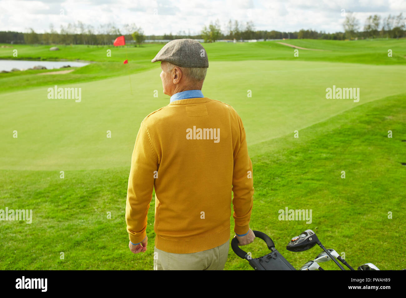 Vue arrière de casual man pulling sportive sac avec clubs de golf tout en se déplaçant vers le bas champ vert pour jouer au golf Banque D'Images