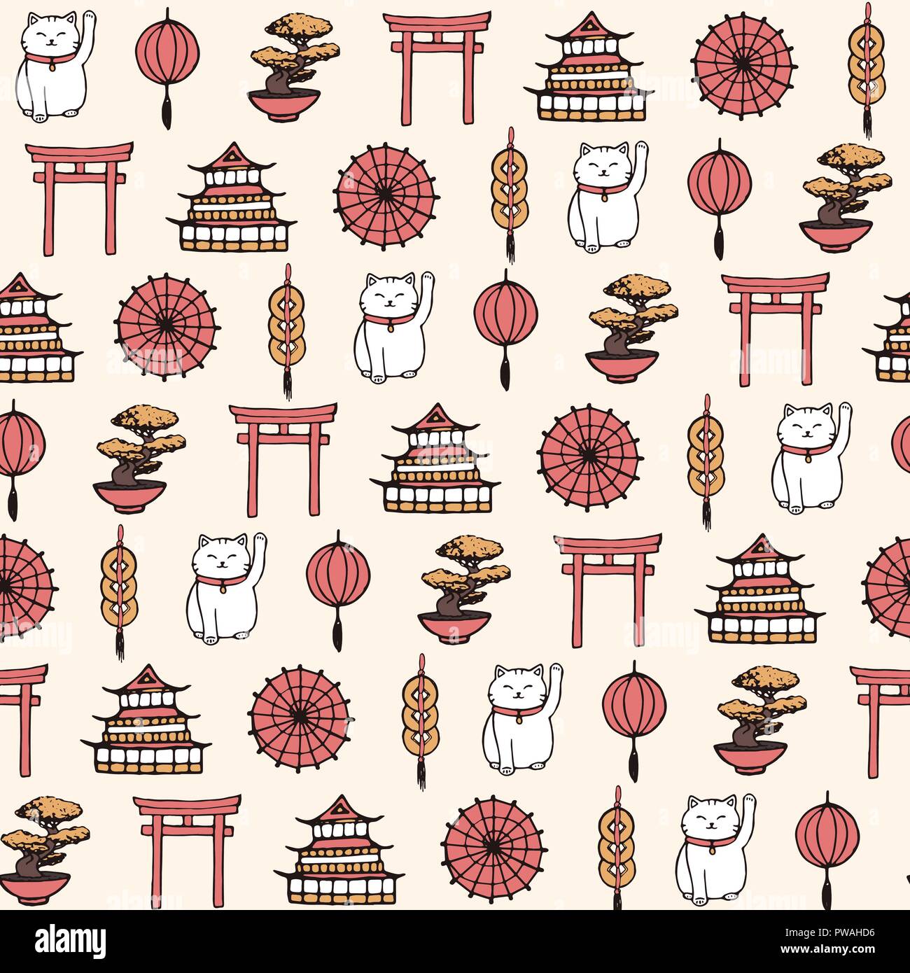 Hand drawn vector seamless asiatique formes contenant des éléments orientaux : Parasols, japonais, les chats lucky coins, lanternes, bonsai et torii gates. Orname Illustration de Vecteur