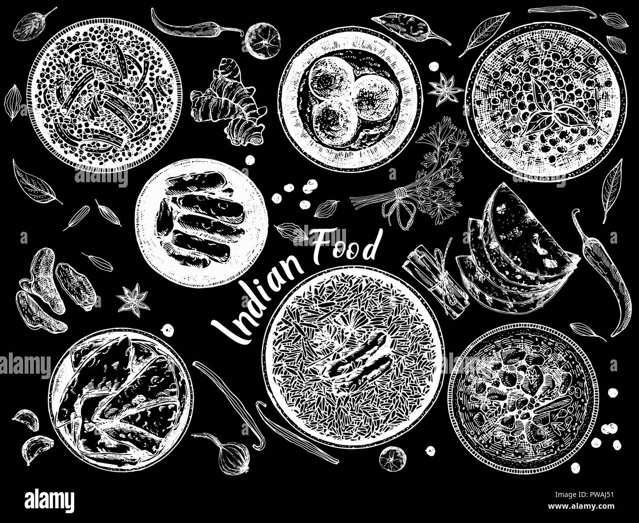 Style croquis dessinés à la main, des aliments indiens isolé sur fond noir. Vector illustration. Illustration de Vecteur