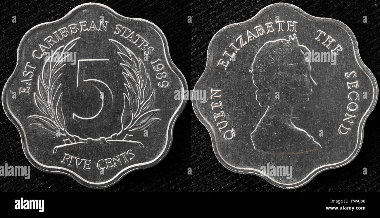 Pièce de 5 cents, à l'Est des Caraïbes, 1989 Banque D'Images