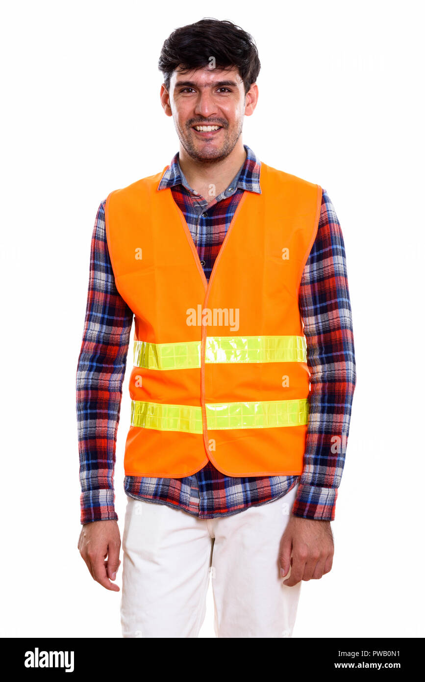Studio shot of young happy man construction worker smili persan Banque D'Images