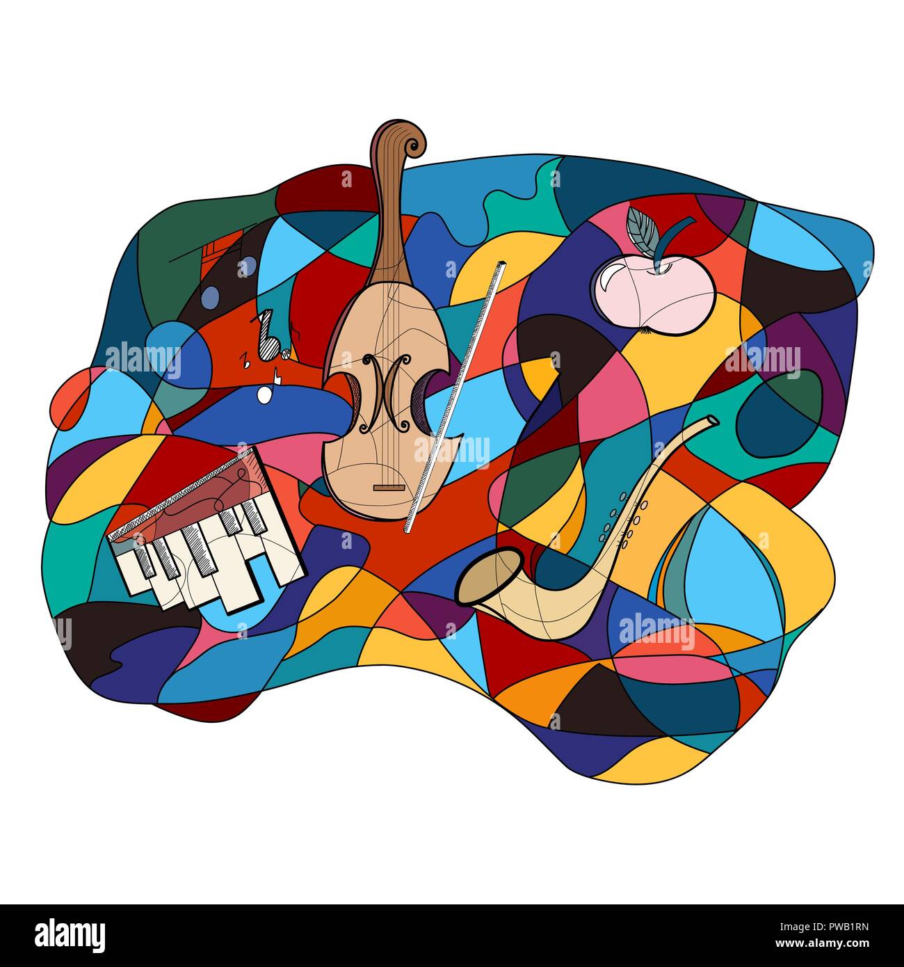 Musical instruments colourful abstract vector. Esquisses à la main et des instruments de musique. Illustration de Vecteur