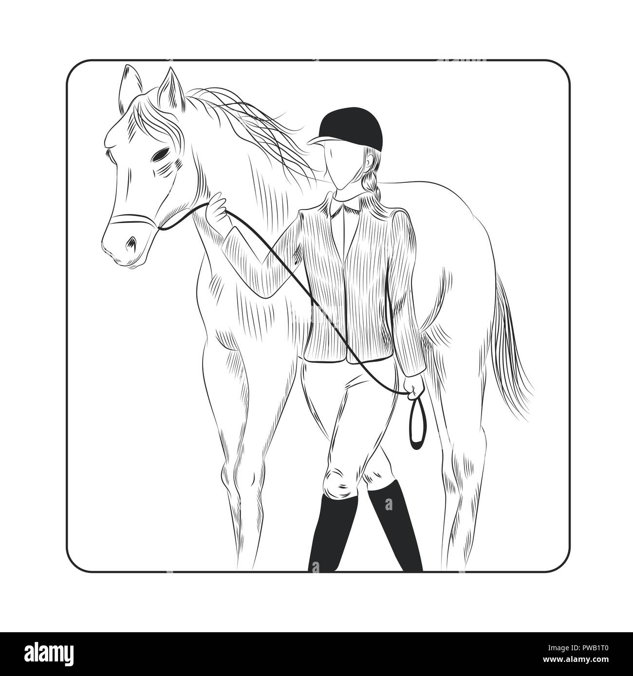 Femme jockey et l'illustration à la main. Contours femme en uniforme jockey holding rênes d'un cheval vecteur. Illustration de Vecteur