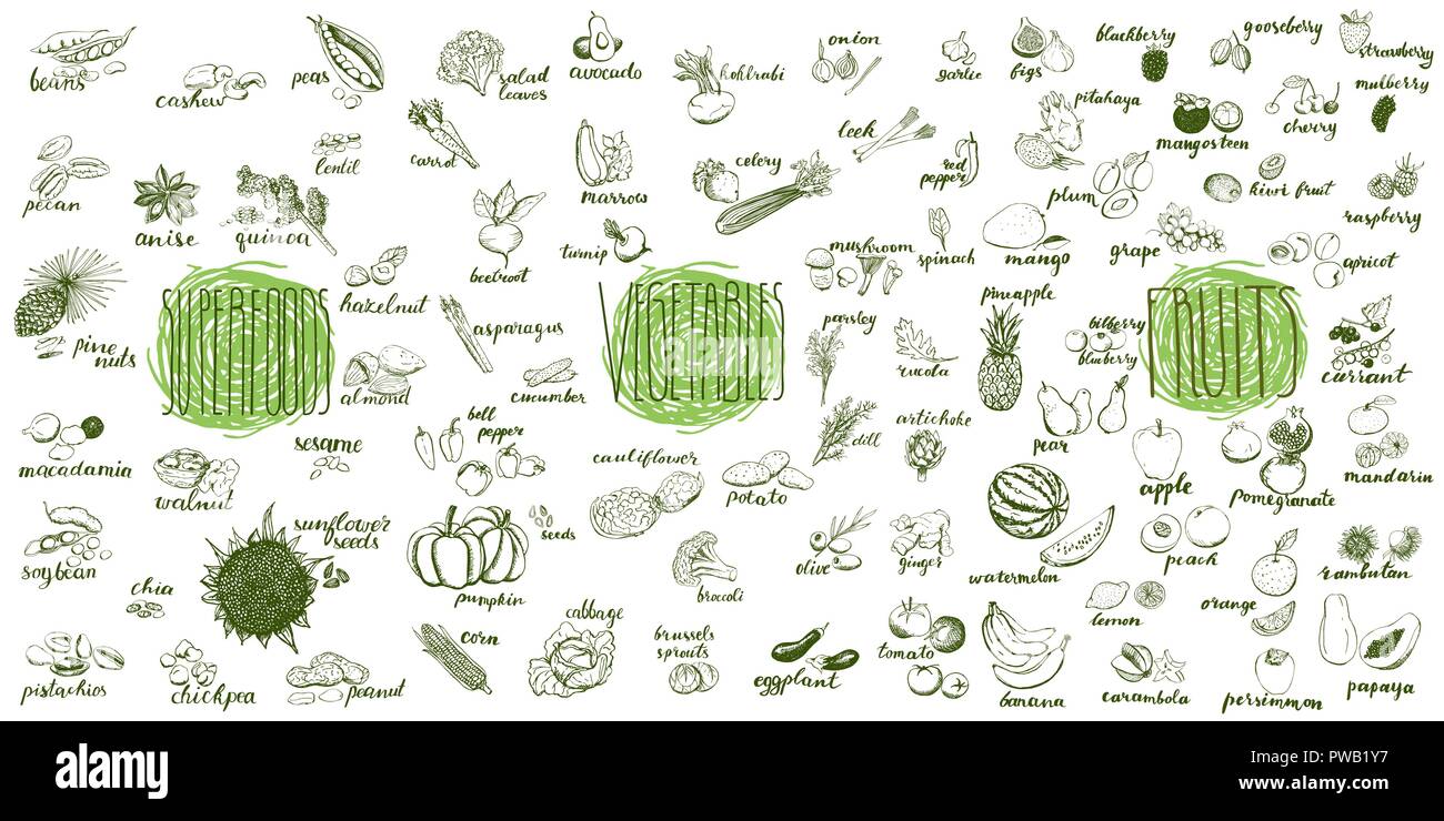 Fruits, légumes et de l'air collection. Ensemble de la main des aliments sains et biologiques. Fruits et légumes de Multiset croquis de conception de menus. Illustration de Vecteur