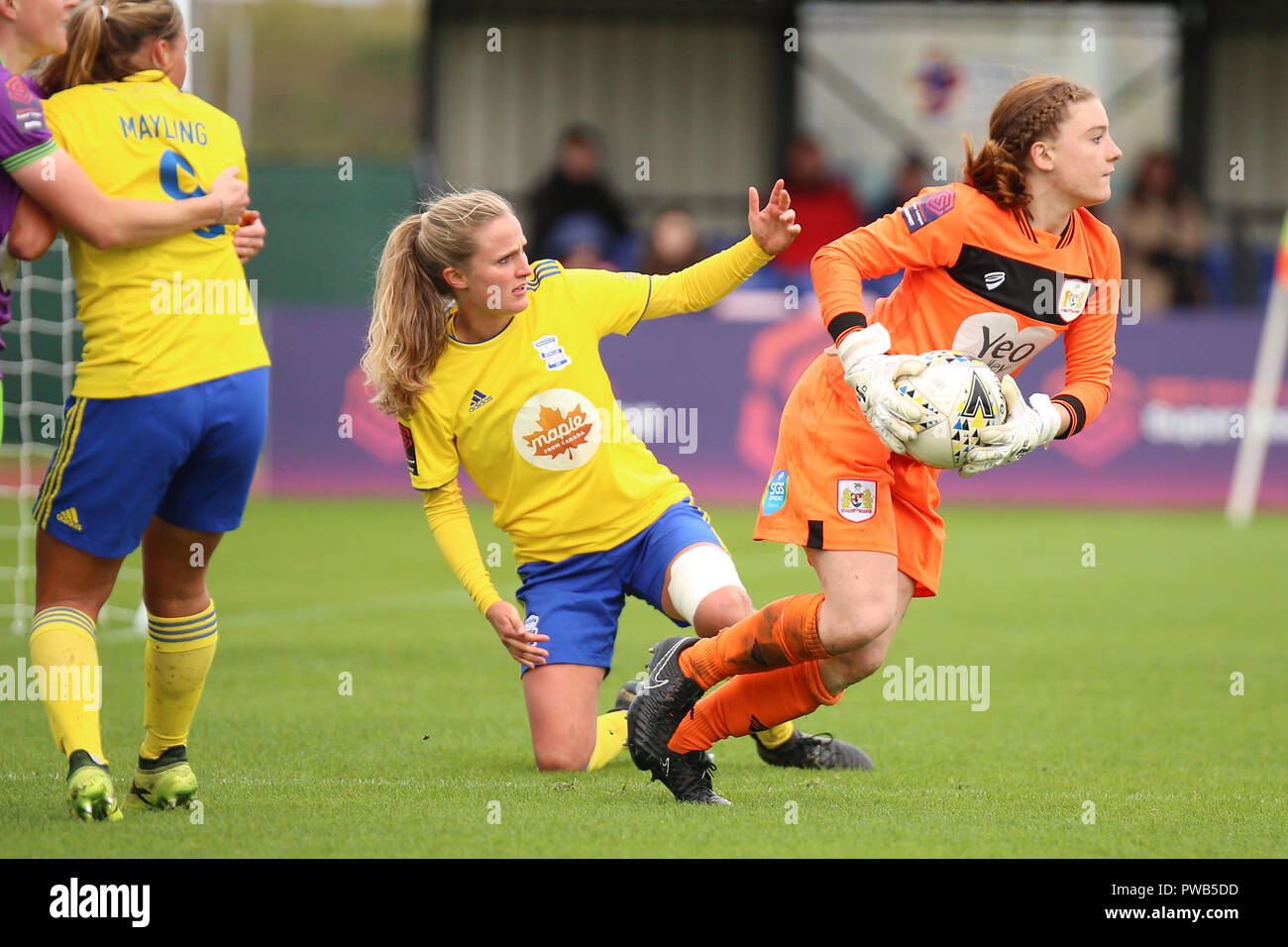 Bristol, Royaume-Uni. 14 octobre, 2018. Bristol City gardien Sophie Baggaley prend contro lof le ballon après un but tentative échoue. Bristol City Birmingham City 0 Femmes 1. Peter Lopeman/Alamy Live News Banque D'Images