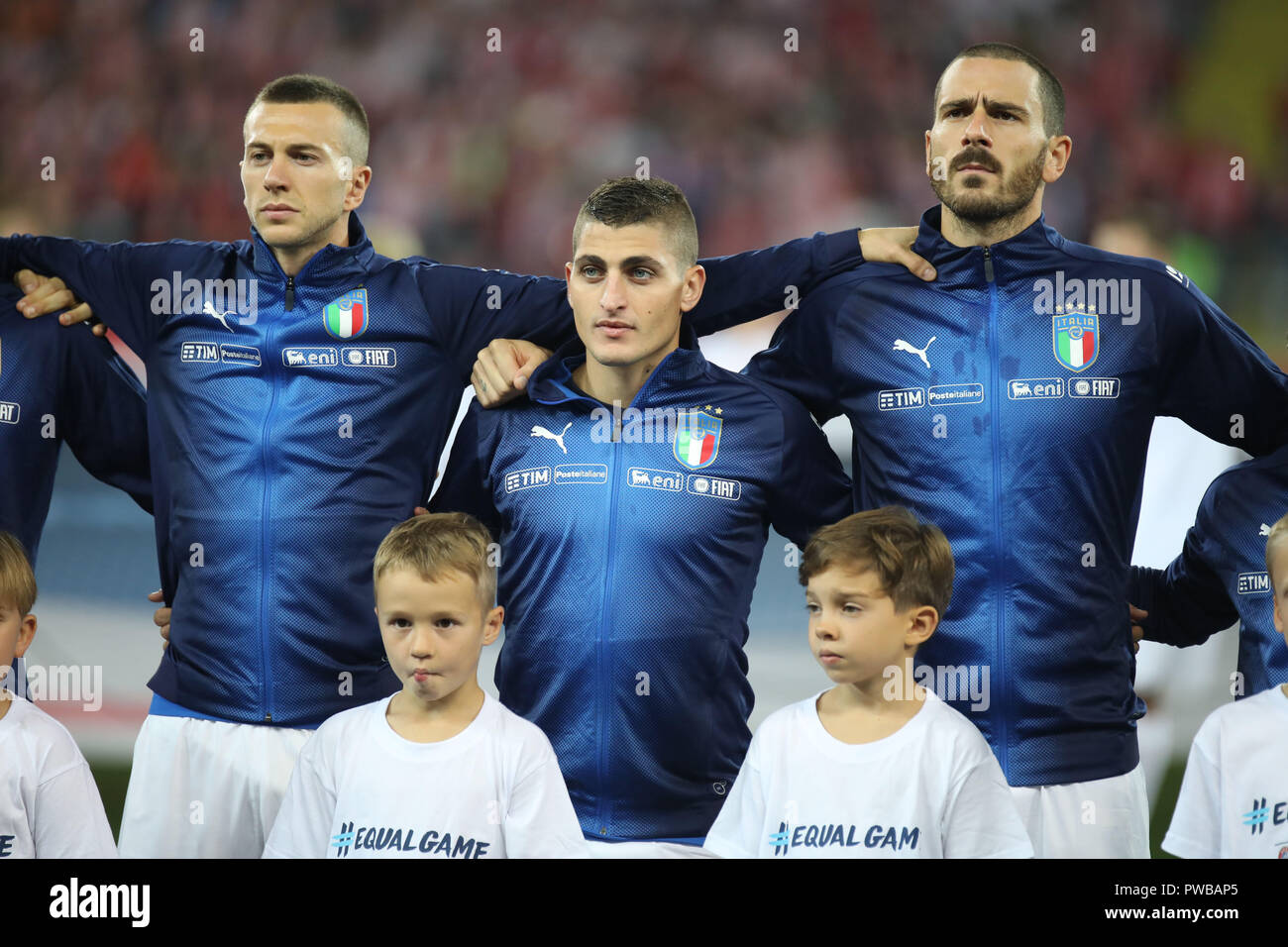 CHORZOW, Pologne - 14 octobre 2018 : UEFA Ligue des Nations Unies 2019 - Pologne - Italie o/p Marco Veratti, Leonardo Bonucci Crédit : Marcin Kadziolka/Alamy Live News Banque D'Images