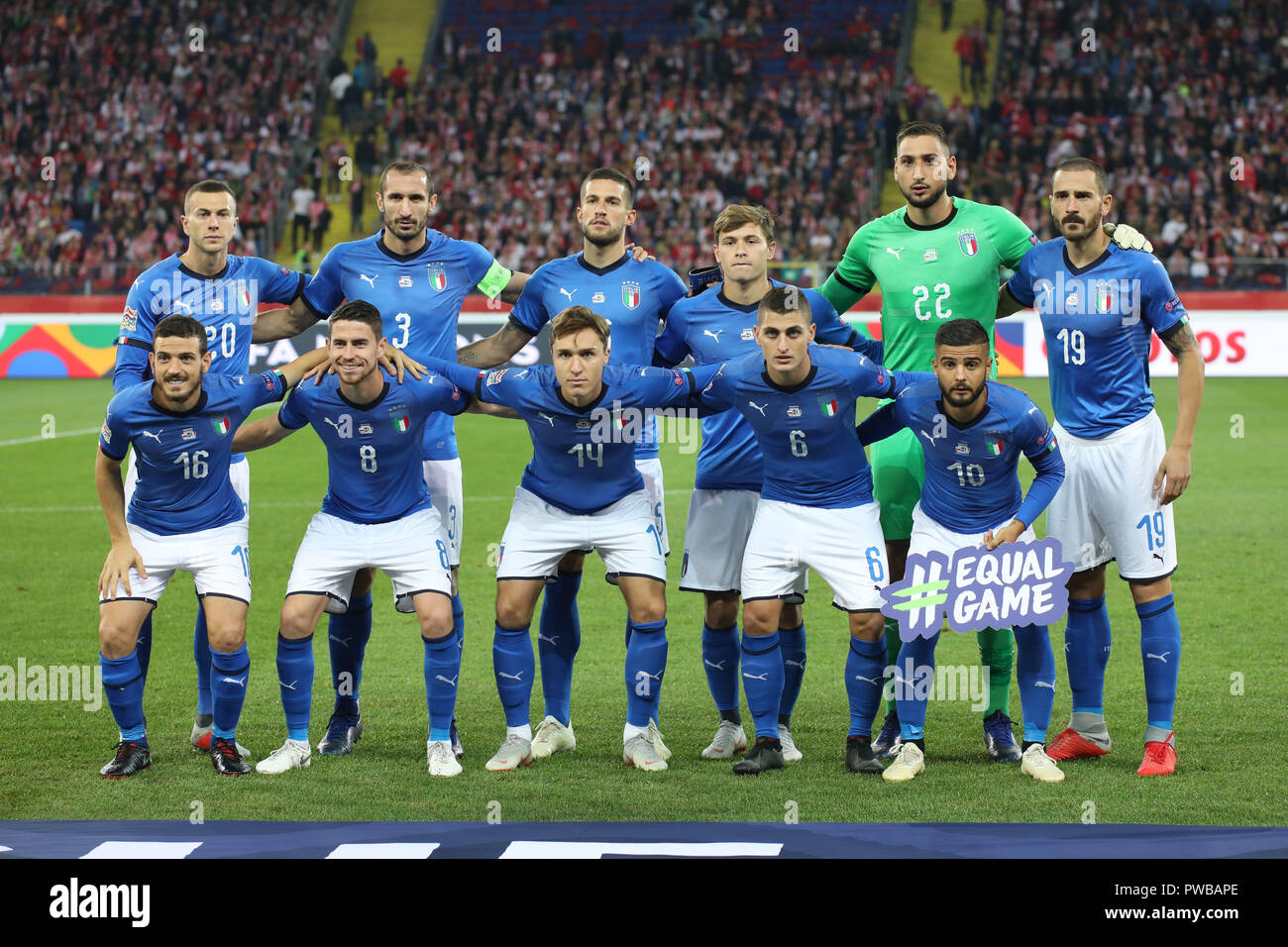 CHORZOW, Pologne - 14 octobre 2018 : UEFA Ligue des Nations Unies 2019 - Pologne - Italie o/p Salutations distinguées, Giorgio Chiellini Gianluigi, Marco Veratti, Jorginho, Lorenzo Insigne, Federico Chiesa, Cristiano Biarghi, Alessandro Florenzi, Leonardo Bonucci, Federico Bernardeschi, Nicolo Barella Crédit : Marcin Kadziolka/Alamy Live News Banque D'Images