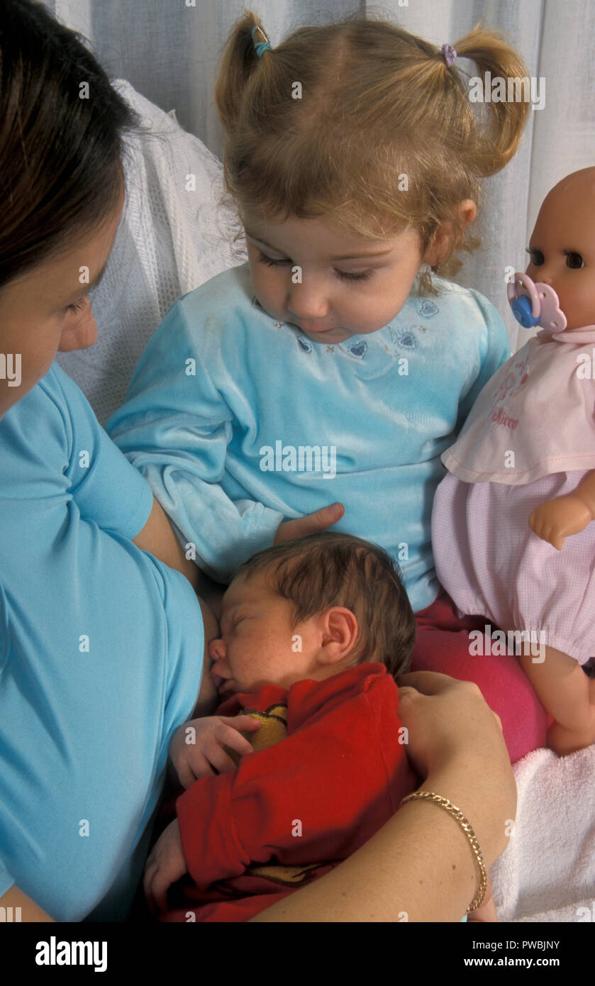 Little girl holding sa poupée tout en regardant la mère Allaiter bébé nouveau-né Banque D'Images