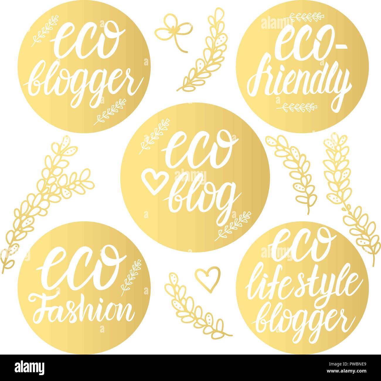 Vector Set gold la mode écologique, blogger, eco friendly, style de vie écologique blog inscription lettrage sur une forme du cercle sign Illustration de Vecteur