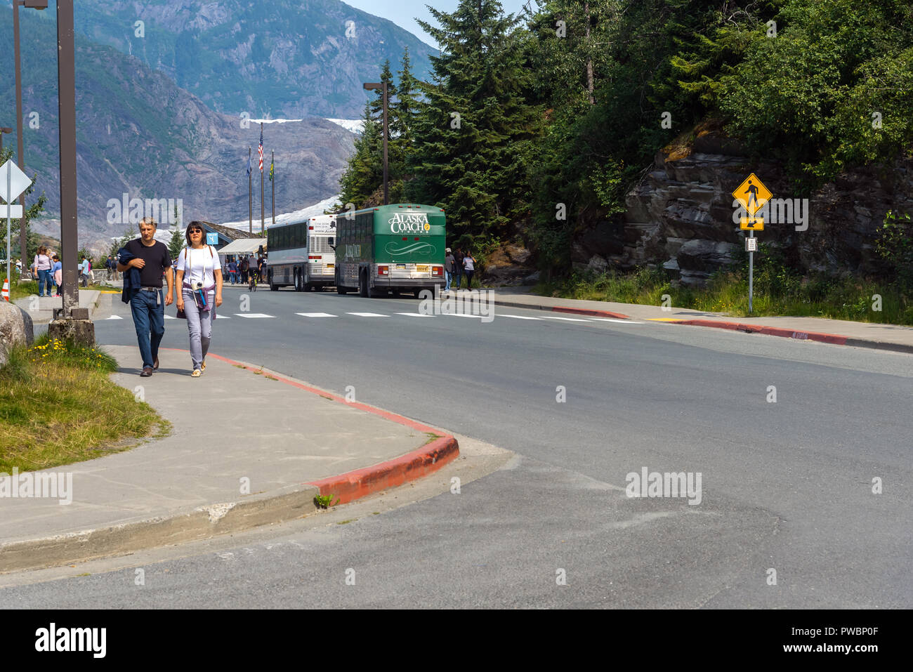 Zone d'arrêt de bus arrêt de bus et les rabatteurs vue sur Mendenhall Glacier , Mendenhall Valley, Alaska, USA Banque D'Images