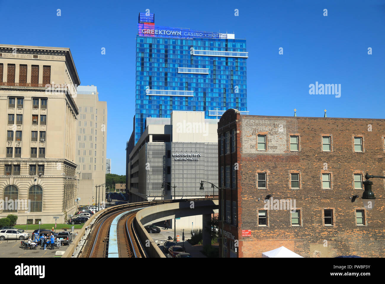 Vue depuis le 'élevée' ou 'DPeople Mover avec élévation des detroit Train' pour une balade dans la ville, dans le Michigan, USA Banque D'Images