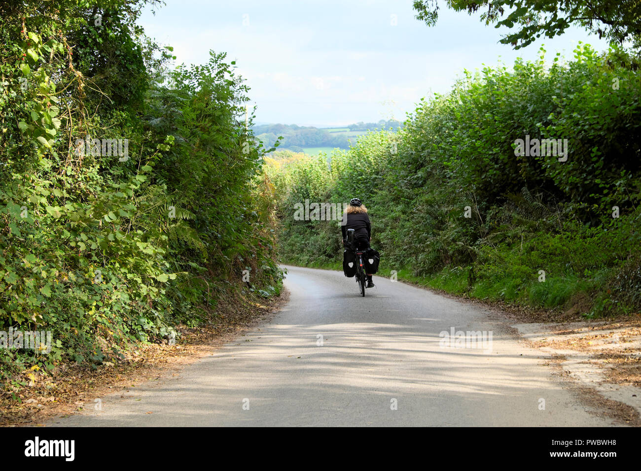 Vue arrière de l'arrière d'un cycliste avec son vélo sur les Sacoches à vélo dans une ruelle dans la campagne du Devon rural en automne England UK KATHY DEWITT Banque D'Images