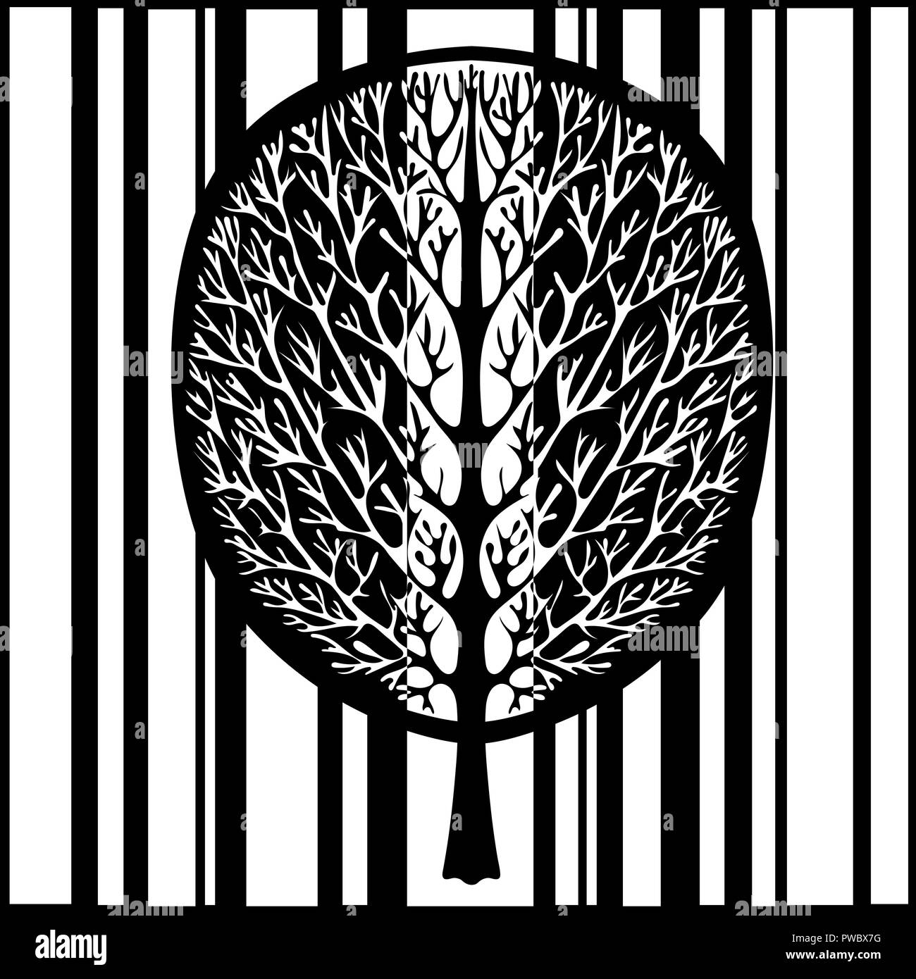 Abstract tree, vector illustration, dessin monochrome stylisée vintage. Arbre décoré avec des branches et le feuillage de la couronne dans le contexte d'un noir Illustration de Vecteur