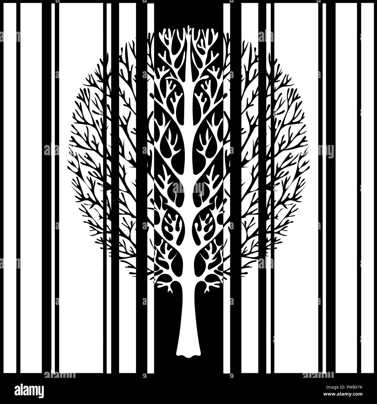 Abstract tree, vector illustration, dessin monochrome stylisée vintage. Arbre décoré avec des branches dans le contexte des bandes noires et blanches r Illustration de Vecteur