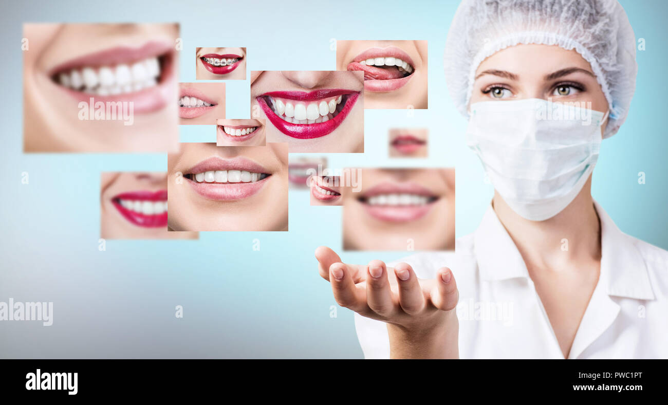 Jeune médecin dentiste près de collage de beaux sourires en bonne santé. Banque D'Images