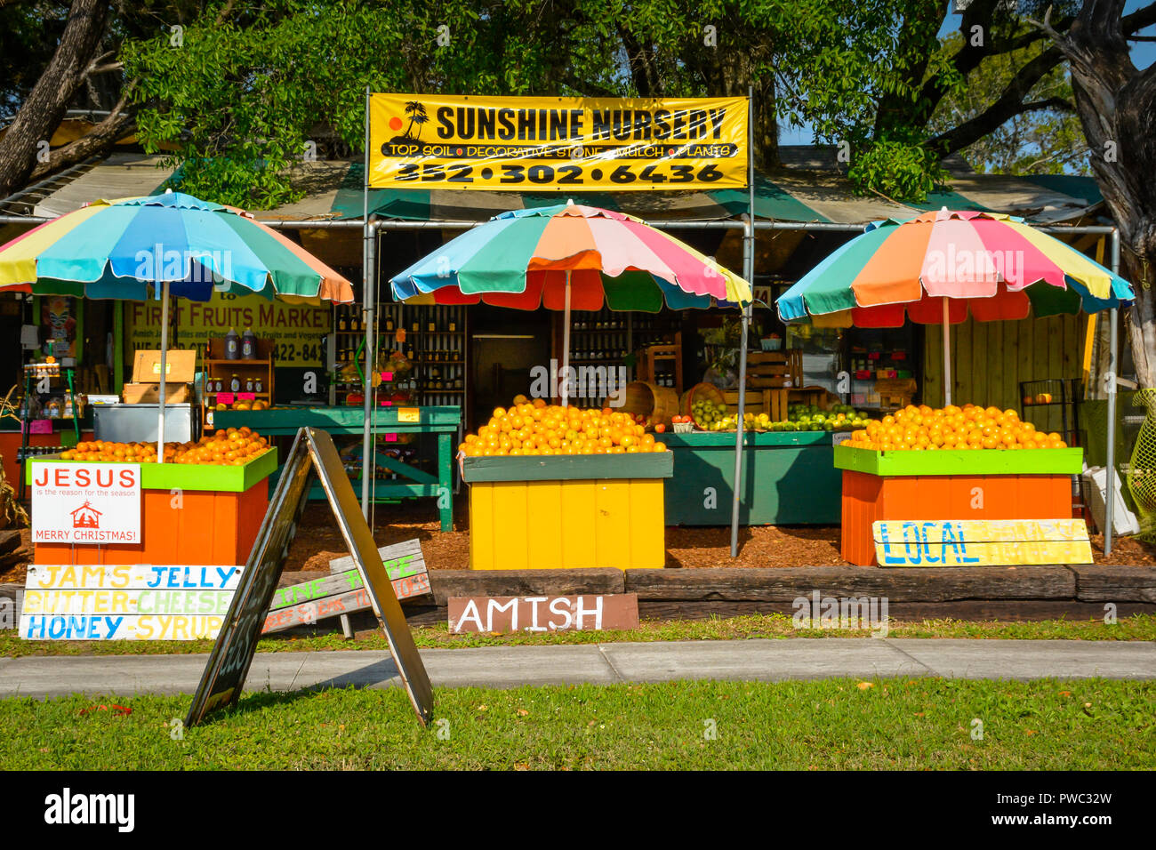 Dans le Panhandle de Floride, à l'extérieur de la petite ville d'Apalachicola, FL, les fruits de bord de route sont pleins de produits locaux, de miel et de Jésus Banque D'Images