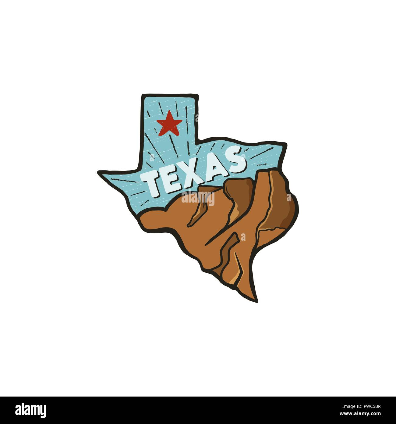 Dessiné à la main vintage badge badge de l'état du Texas, aux États-Unis. Icône de style plat, d'un logo. Avec montagnes, étoile rouge. Patch rétro, logotype. Nice pour T-shirts imprimés, stamp. Stock vector isolated on white Illustration de Vecteur